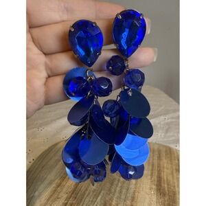 Vintage Blue Sequin Beaded Clip On Earrings Long Dangle 4.5"